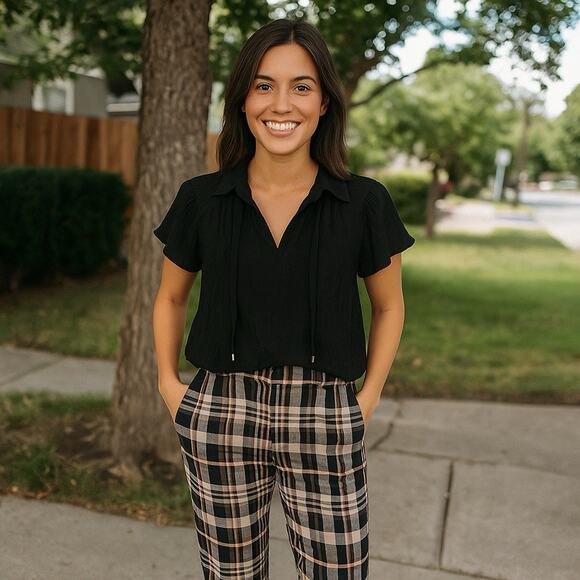 Chico's Blouse Women's 0.5 (6) Black Liquid Knit Crinkle Tasseled Notch Neckline - Picture 1 of 6